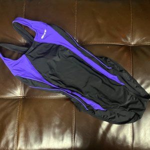 Sporti Brand One Piece Racerback Swimsuit Size 28 Black with Purple Stripe